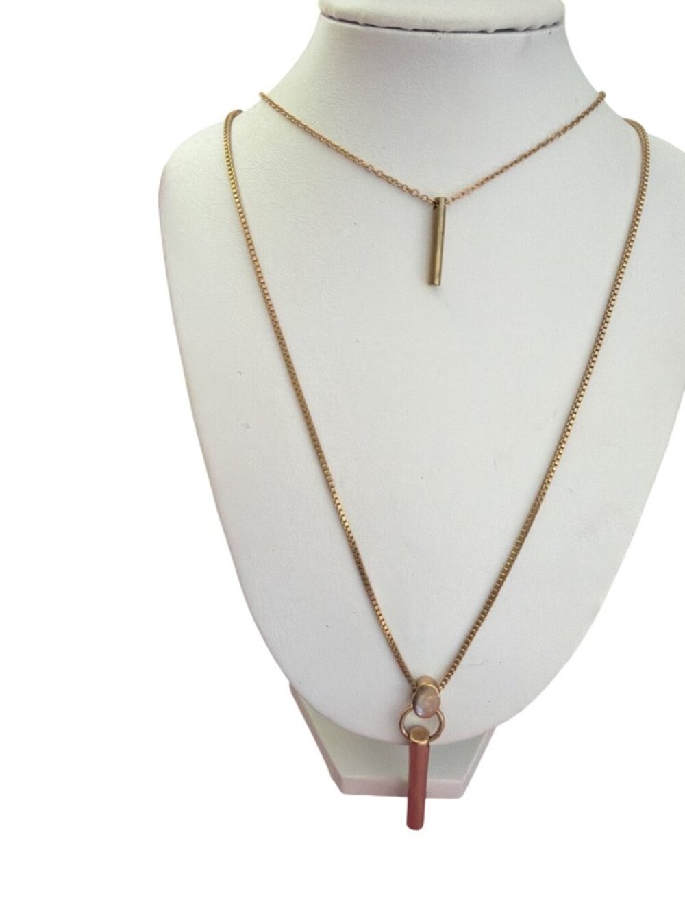 Gold Tone Double Chain Layered Necklace Box Chain Straight Pendants Adj 27"